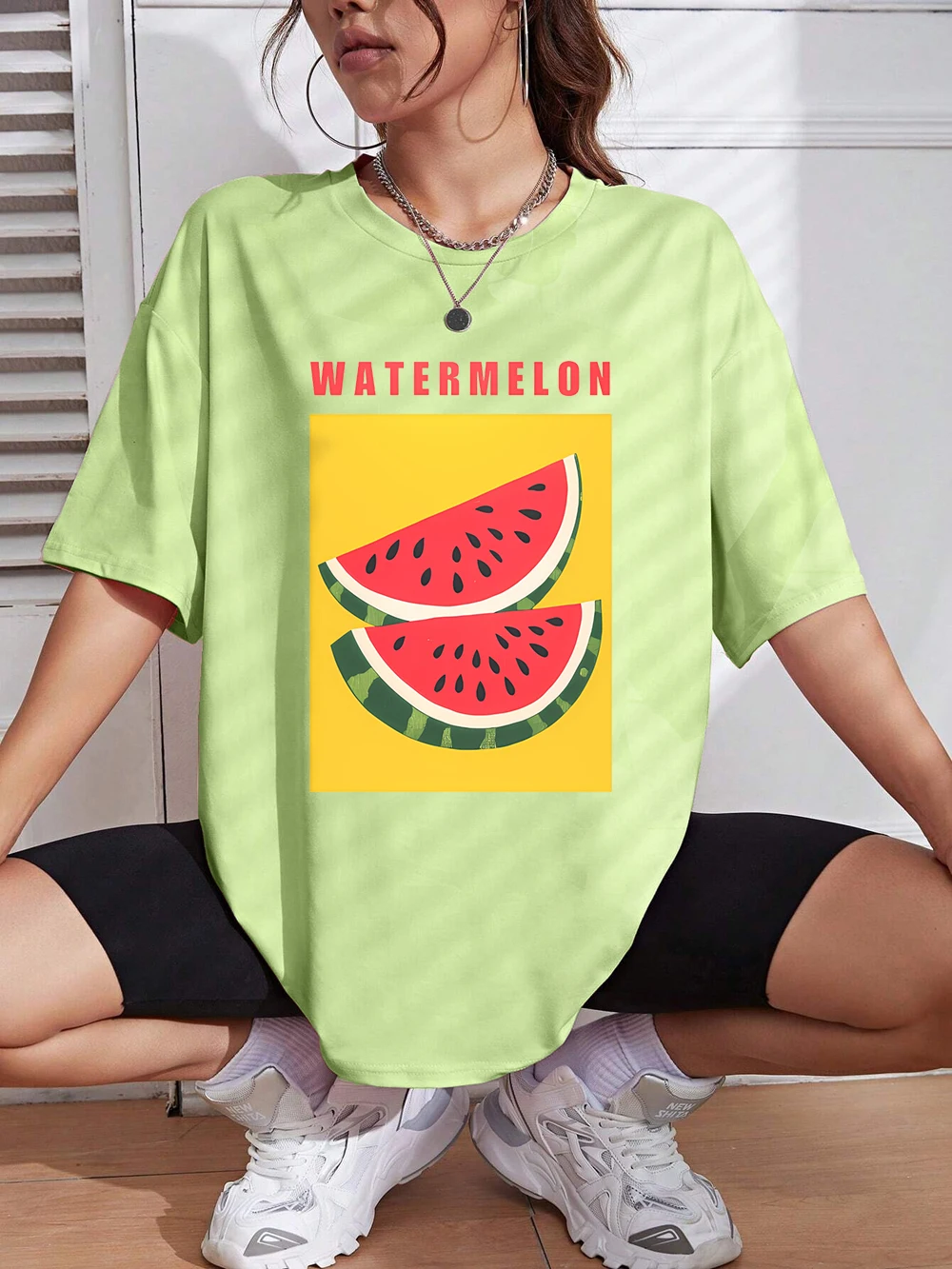 Summer Watermelon Fruits Prints T-Shirt Cotton Womens Casual Short Sleeve Comfortable Loose O-Neck Tops All-Match Womans Clothes