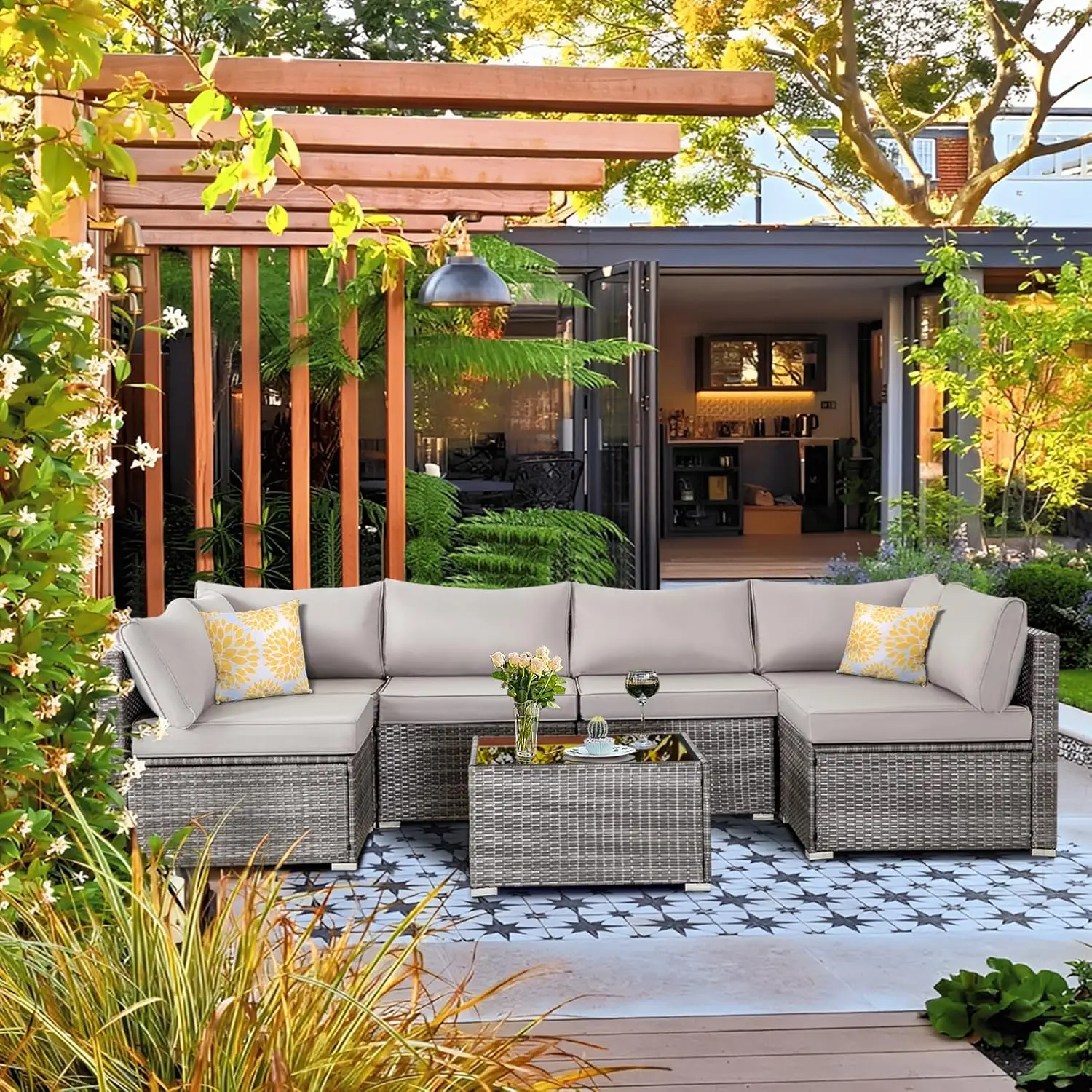 Ensemble de meubles d'extérieur en rotin PE, ensemble de canapé sectionnel WUNICEF avec coussin rembourré, ensemble de conversation pour jardin, balcon et arrière-cour