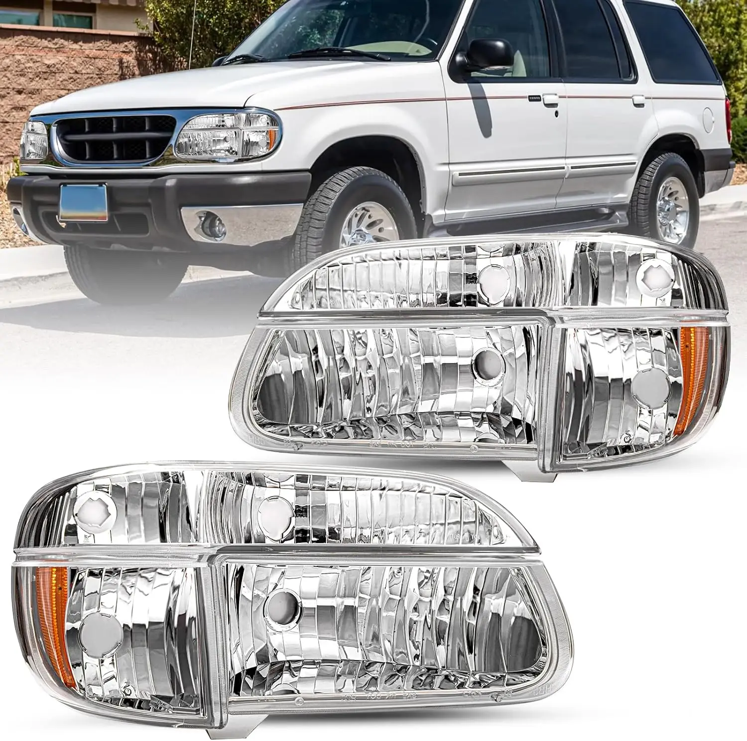 4-Pack Halogen Headlight Assembly with Corner Lights Replacement for 1995-2001 Ford Explorer & 1997 Mercury Mountaineer - Chrome