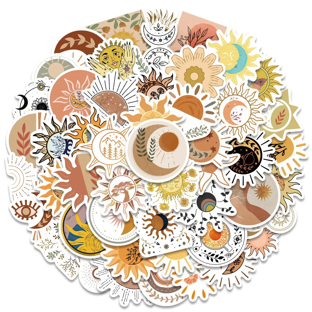 

10/30/50pcs Vintage Bohemian Sun and Flower Stickers Cartoon Boho Style Aesthetic Sticker Luggage Laptop Phone Decals Decoration