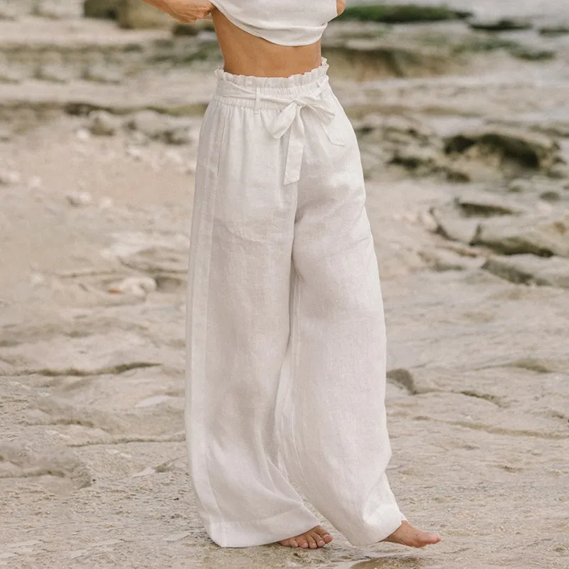 

Summer Women's Linen Lyocell White Pants Casual Elastic Waistband Tie Bow Ladies Wide Leg Pant Loose Elegant Straight Trousers