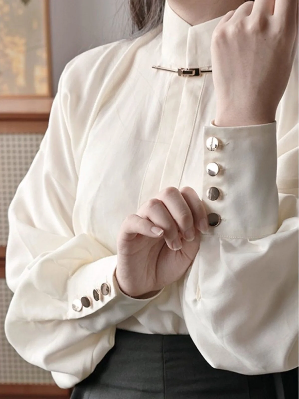 

Slim Fit Long Sve irt Women's Faion Commute Sle High Collar Qipao Skirt Korean Version Polyester Fiber Thin Model