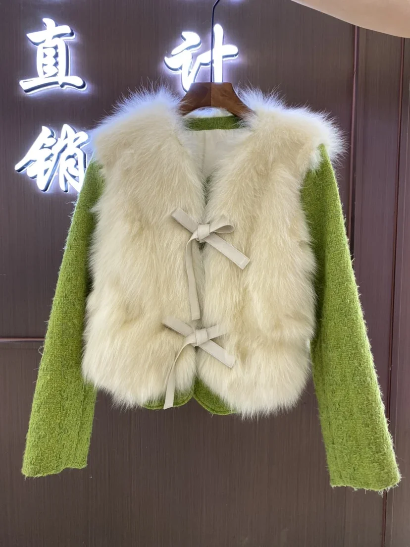 Really Fluffy Fox Fur Coat Short Splice Wool Outerwear Young Winter 2023 Long Sleeve Green Beige Color Contrast Women's Clothes