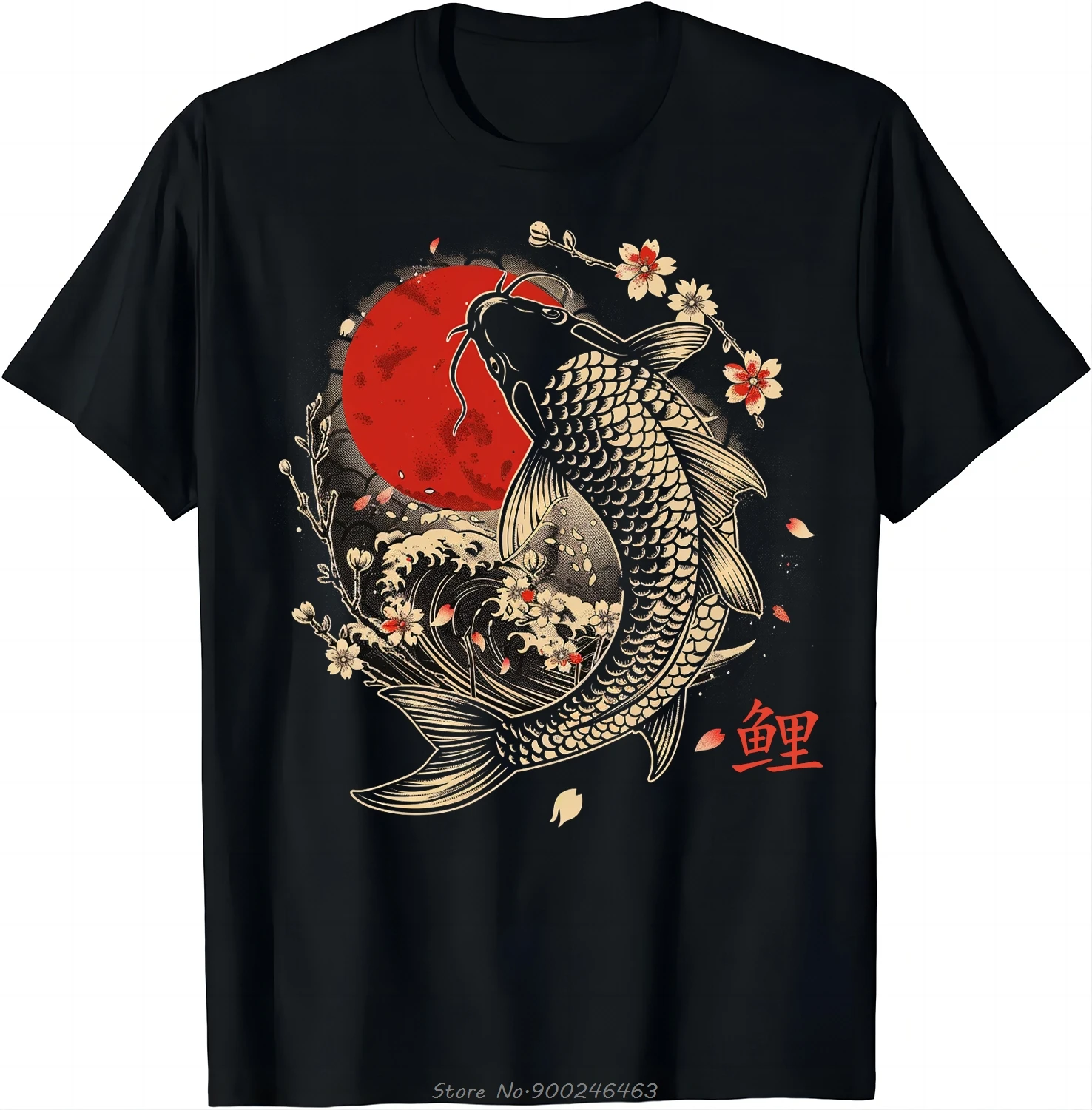 100 CottonCarp Fish Japanese Sakura Graphic Art T-Shirt Fashion O-neck Tops Tees Cotton Tshirt Men Fitness T Shirt