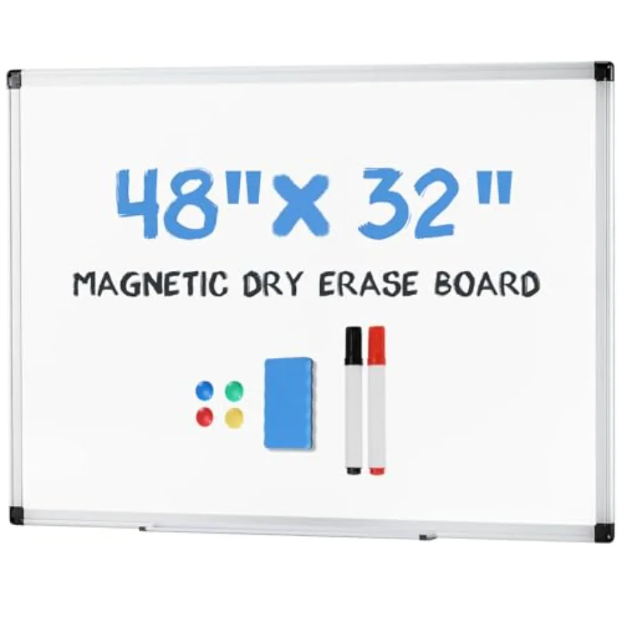 

Magnetic White Board Kit for Wall 48" x 32" Dry Erase Board with 1 Dry Eraser and 2 Multicolor Markers and 4 Magnetic Pins Silv
