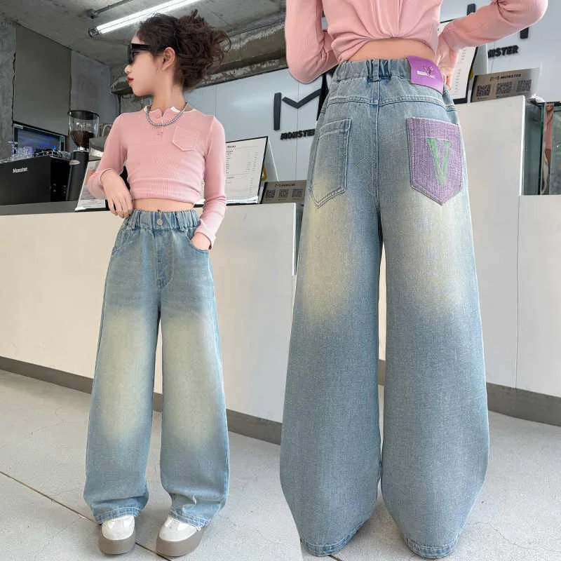 

Kids High Waisted Letter Jeans Classic Trendy Street Straight Denim Pants for Girls Simple Style Jeans Trousers For Teens Child