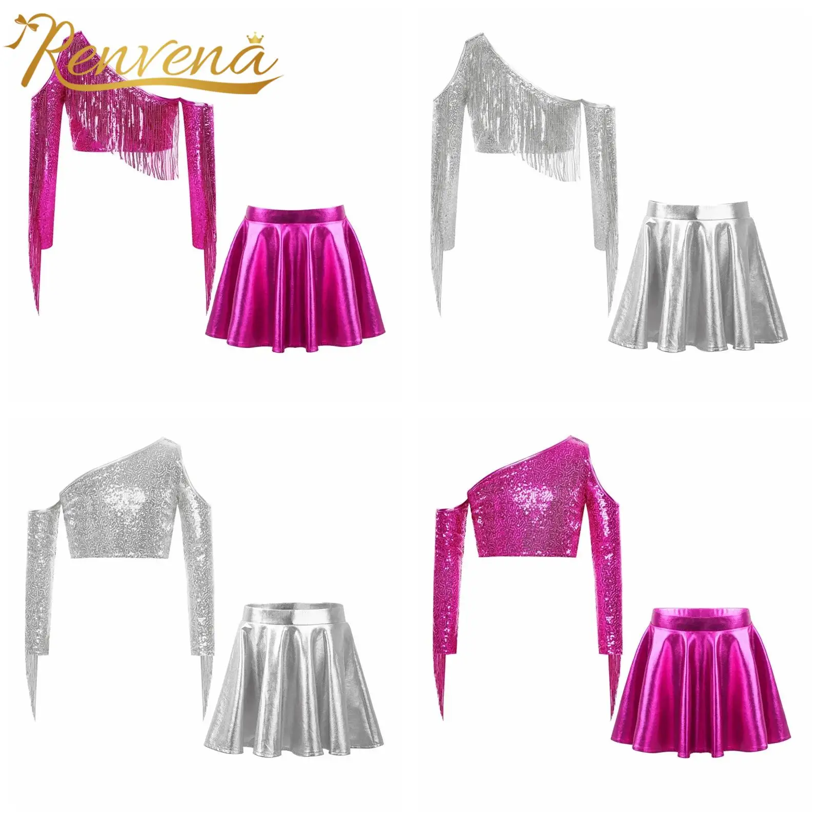 Kids Girls Metallic Shiny Dance Outfits Tassel Childs Sequined Two Pieces Sets for Street Jazz Dance Performance Stage Costume