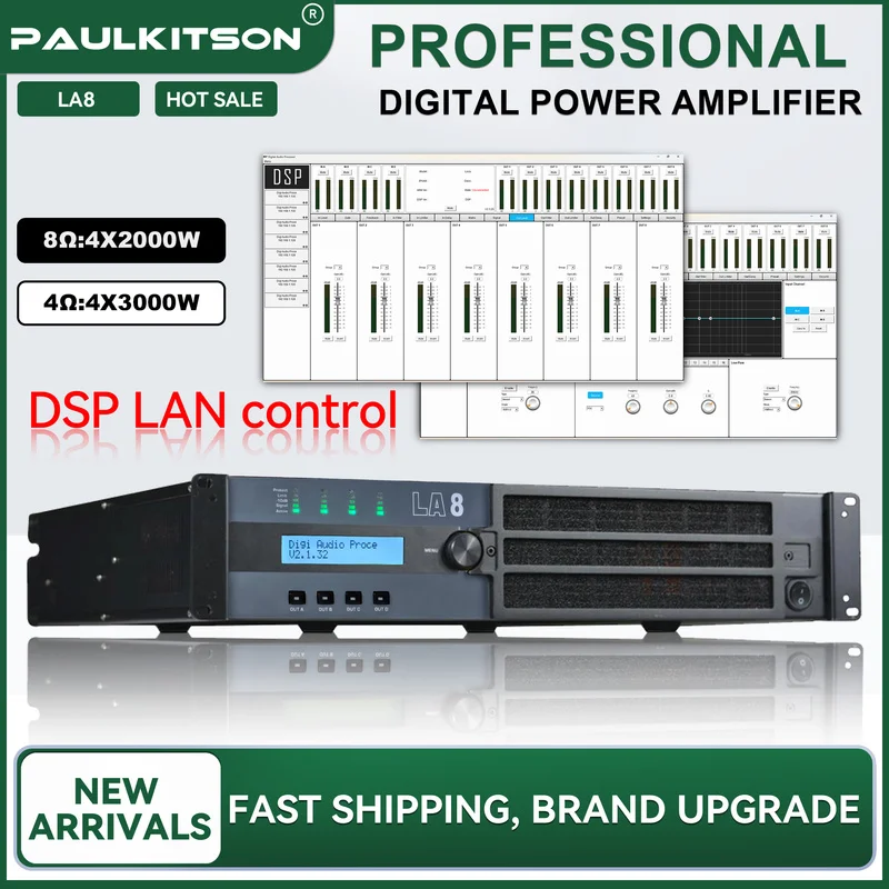 Paulkitson LA8 4-Kanal Professioneller Leistungsverstärker DSP LAN-Steuerung 4Ω 4×3000W Verstärker für Großveranstaltungen mit Line-Array-Lautsprechern