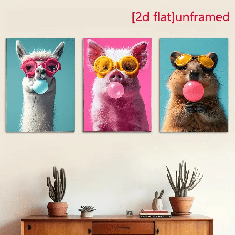 （NoFrame 3PCS)-2D Flat, 2D Flat, [2D Flat Paintings] 3pcs Unframed Animal Portrait Wall Art, Cute Llama Pig Capybara with Bub