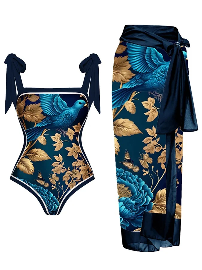 Blue High Grade Animal Print Vintage Texture Strap High Waist 2023 Women's Newest  One-piece Swimsuit And Cover Up