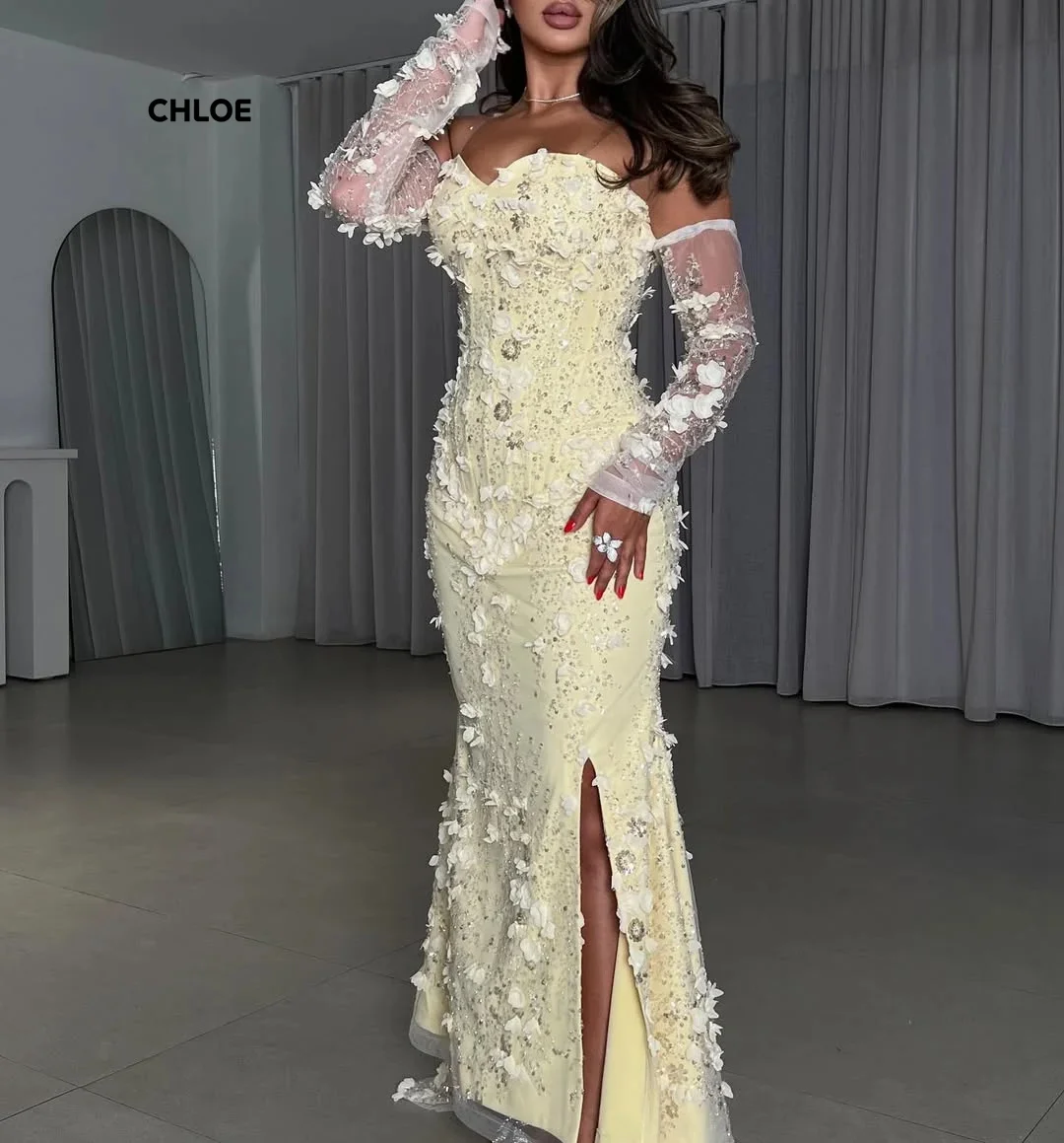 Robes de soirée en dentelle florale femme robes de bal de luxe élégantes 2025 queue de poisson jaune robe de bal pour femmes manches longues personnalisées