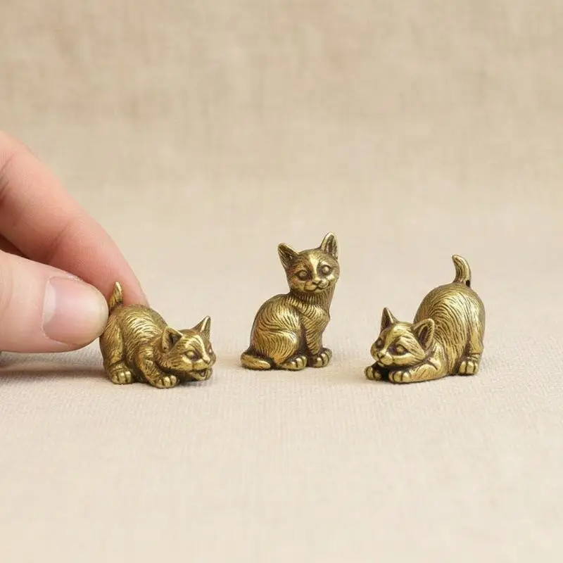 Hand Polished Brass Cat Figurines Miniatures 8 Styles Small Desktop Ornaments for Home Office Cabinet Decor Festival Gift