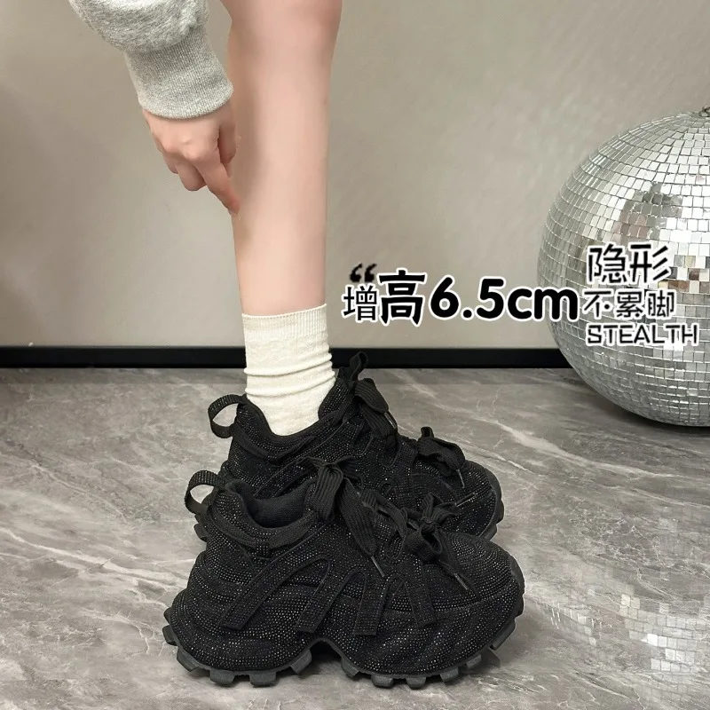 Full Diamond Lace-Up Sneakers Autumn New Round Toe Platform Low Top Single