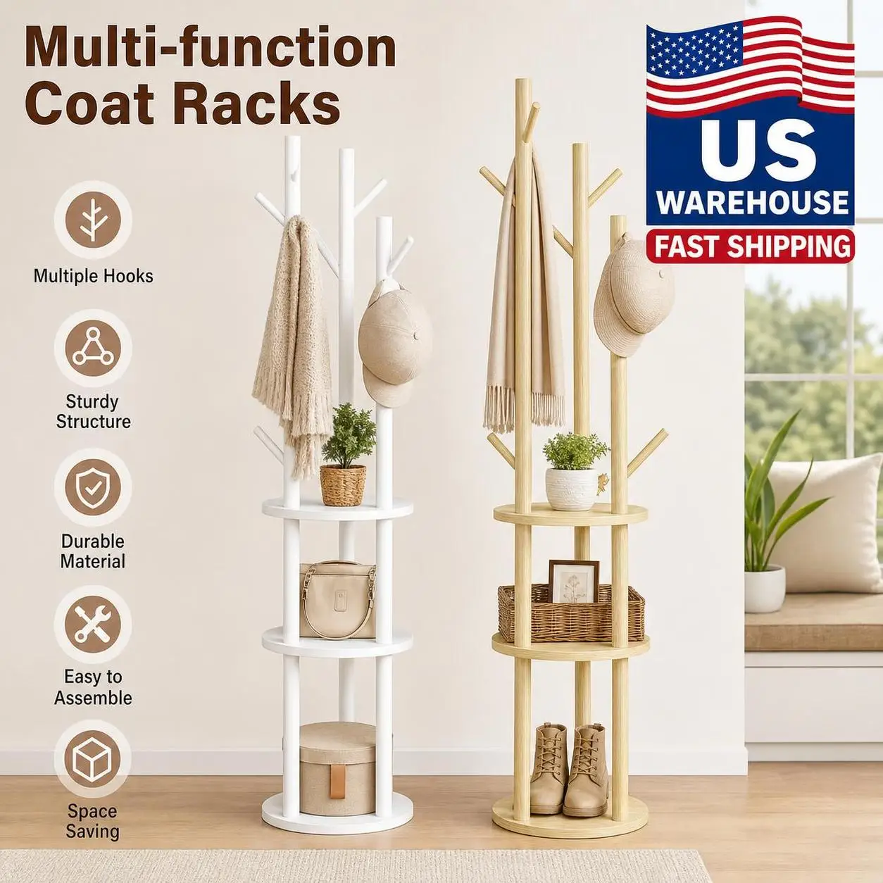 Fixed Wooden Coat Racks Durable Floor Standing Clothes Hanger Space-Saving Free Standing Storage Rack For Home Office Apartment Living Room Bedroom Entryway Clothes Hats Bags Organizerr