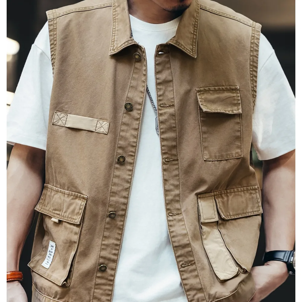 ملابس عمل قماشية عصرية للخريف للرجال، سترة من قماش الدنيم، صدرية متعددة الجيوب