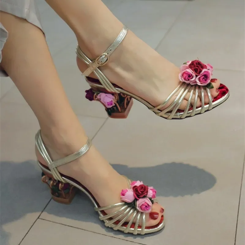 Retro Birdcage Hollow High Heel Flower Sandals Plus Size Summer Pumps Peep Open Toe Women Shoes Sandalias Mujer