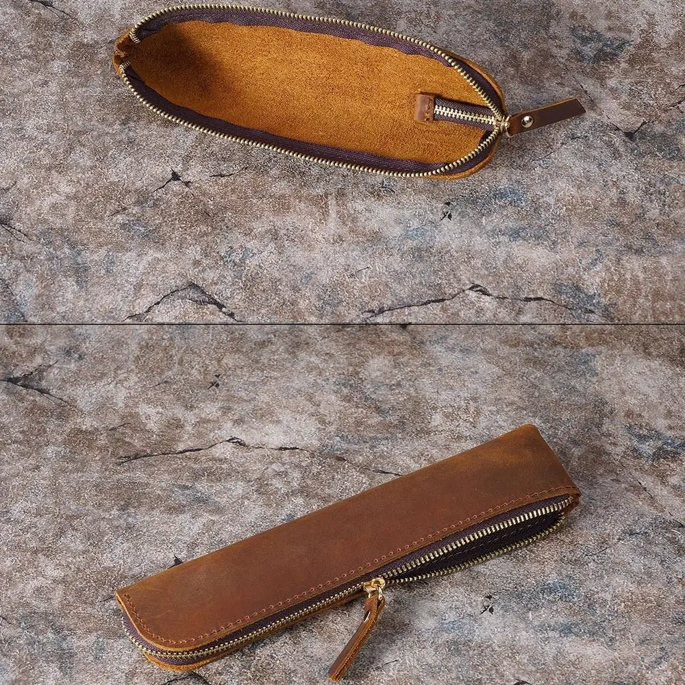 

Creative Zipper Cowhide Pencil Case Handmade Pencil Holder Pen Protective Bag High-end Leather Leather Pen Bag Office Supplies