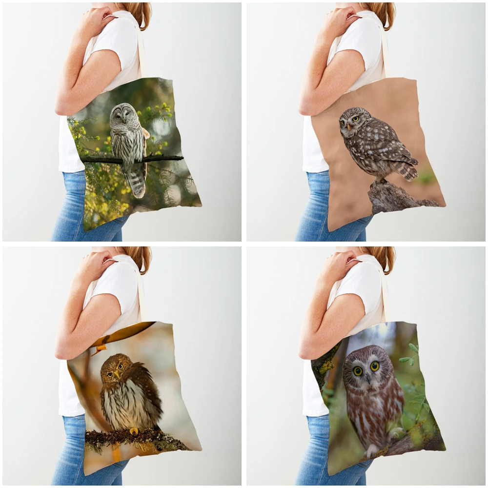 Bolso de compras con diseño de búho y pájaro, bolso de mano de lona de ambos lados, informal, para estudiantes, para mujeres y niños