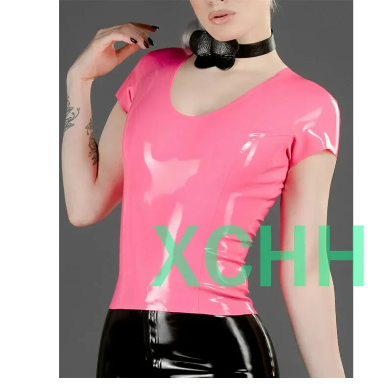 

Latex Gummi Female Tops Slim Shirts Short Sleeves with Rear Zip Sexy Customizd.0.4mm