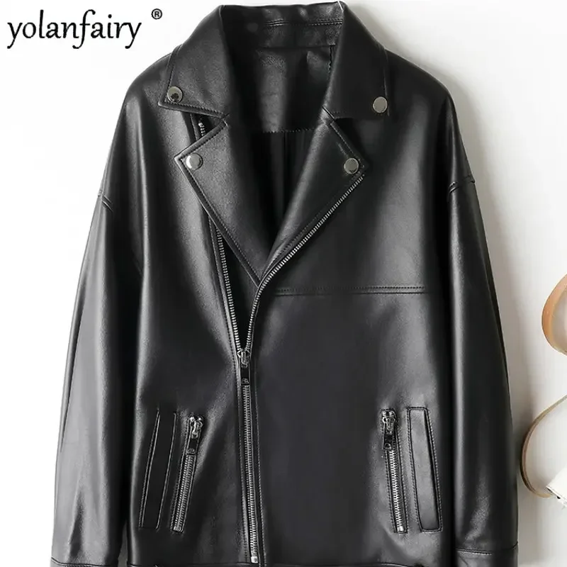 YOLANFAIRY Real Leather Jacket Women High End Sheepskin Coat Women's Casual Leather Windbreaker Coat Genuine Leather Outwear