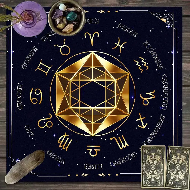 VIKAMA Dark Blue Hexagram Zodiac Tarot Cloth Witch Altar Mat Astrology Divination Oracle Card Crystal Grid Decor