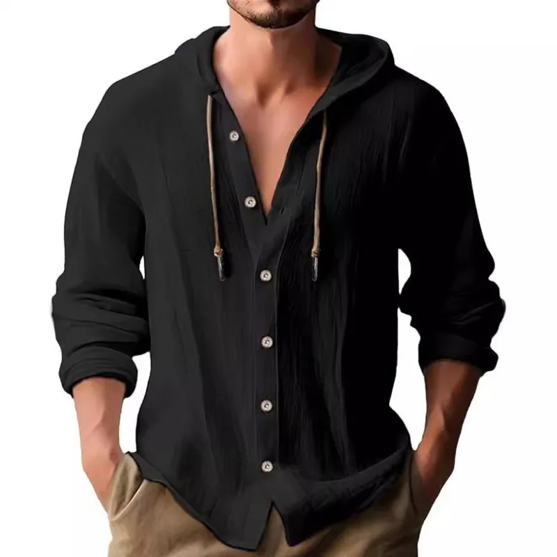 HKSH Spring New Men Tide Hooded Drawstring Cotton Linen Shirt Solid Color Loose Long Sleeve Casual Beach Jacket Chic Ins HK20465