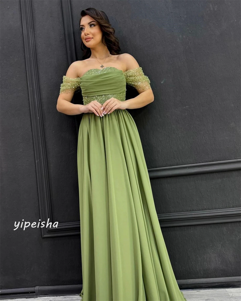 Customized Jersey Sequined Beading Ruched Evening A-line Off-the-shoulder Bespoke Occasion Gown Long Dresses