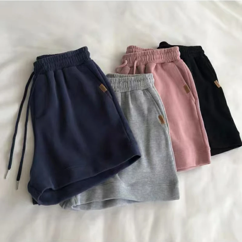 여름 루즈핏 와이드 레그 반바지 여성 하이웨이스트 드로스트링 캐주얼 조거 반바지 Y2K 한국 심플 올매치 스포츠 반바지