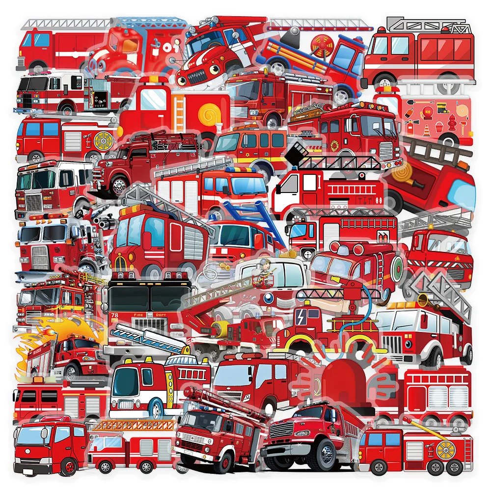 50Pcs Cartoon Fire Truck Stickers Fire Engine Graffiti Decoration Mobile Skateboard Scrapbook Waterproof Stickers Gift for Kids