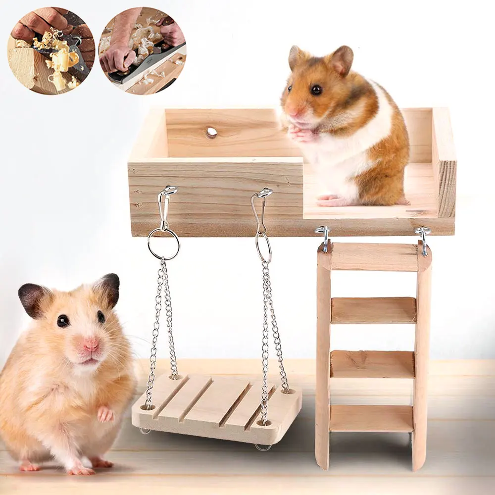 Hamster Chew Toys Set 10 Pack Natural Wooden Pet Toy Accessories Small Teeth Care Molar Toy Seesaw Dumbbells Exercise Bell