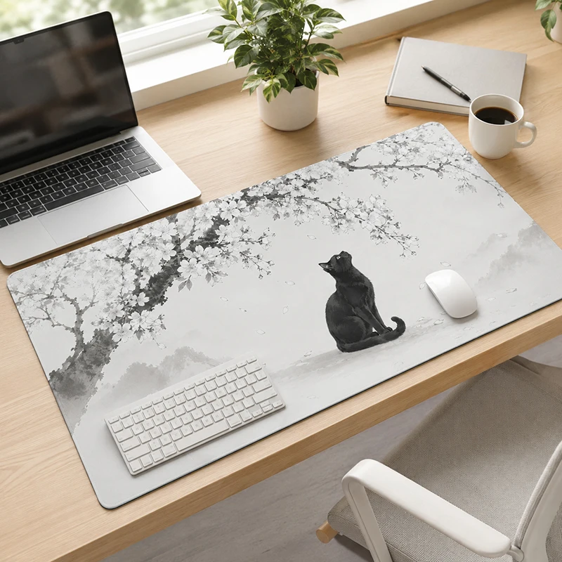 White Cherry Blossoms Black Cat Mouse Pad Gaming XL Custom Home Computer Mousepad XXL MousePads Non-Slip Office Table Mat