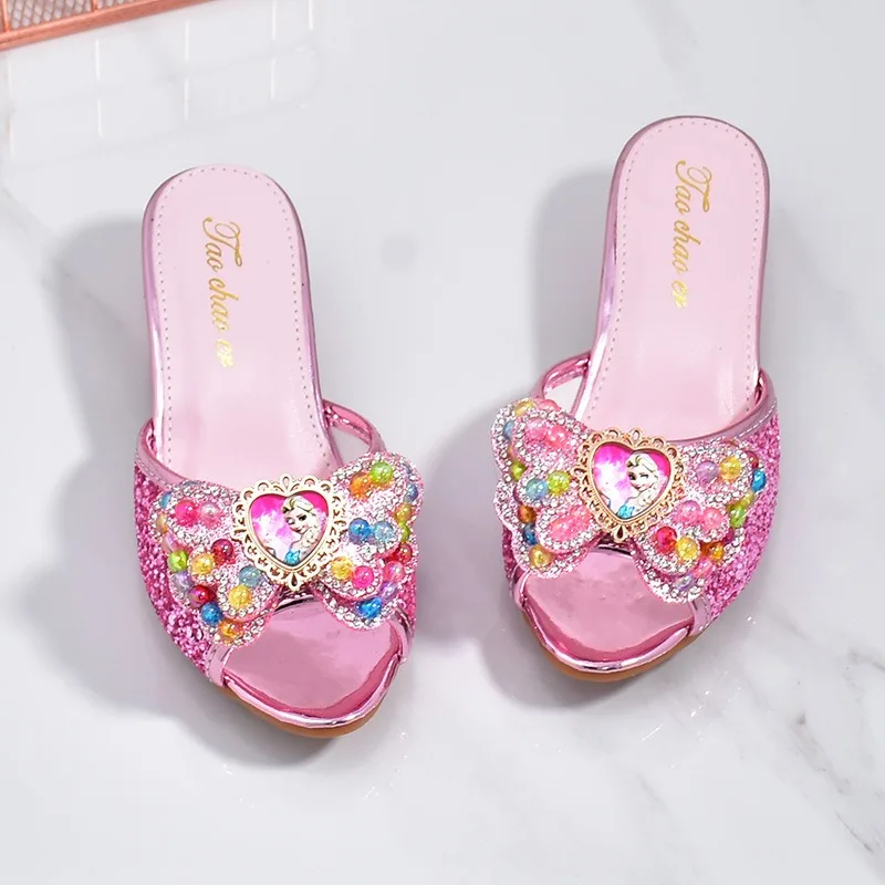 Girls High Heels Shoe Slippers Children Slippers Bow A Word Drag Sandals Soft Bottom Kids Party Wedding Performance Princes Shoe