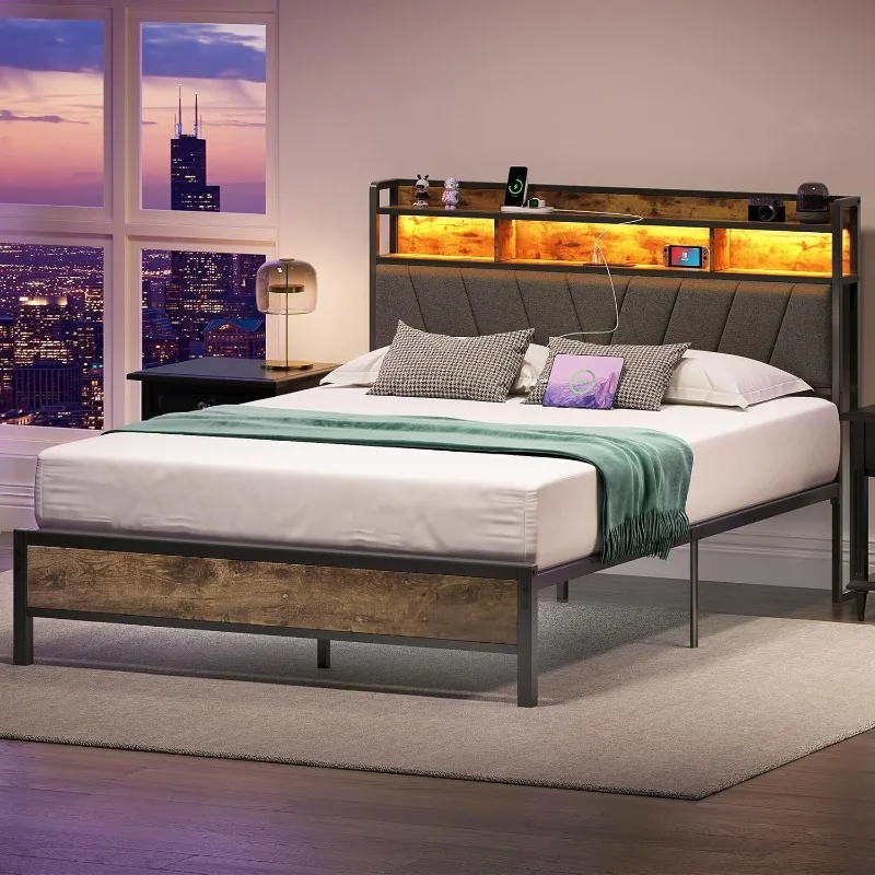 

Bed Frames Metal Bed Frames with Charging Station LED Lights Bed Frames with Upholstered Storage Headboard Sturdy and Noise-Free