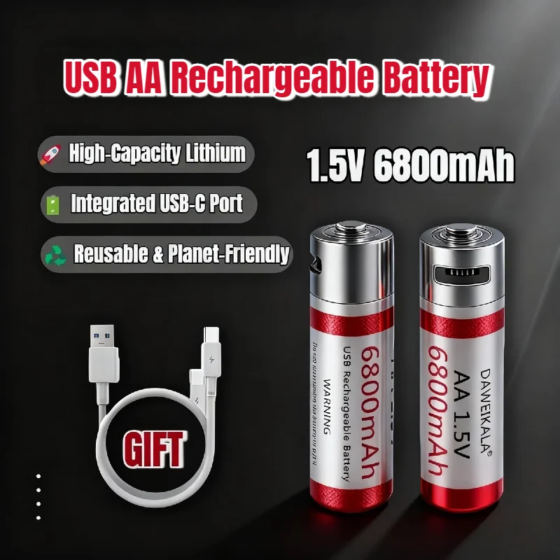 

1.5V AA Lithium Battery 6800mWh with Constant Voltage Rechargeable Li-ion Batteries with USB Charging Cable for Electronics