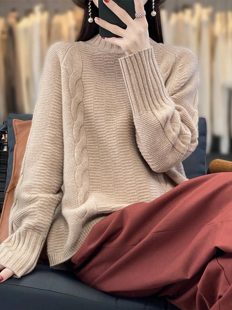 100% Merino Wool Women's Autumn Winter O Neck Pullover Multi Color Fashion Long Sleeve Loose Basic Versatile Elegant Sweater