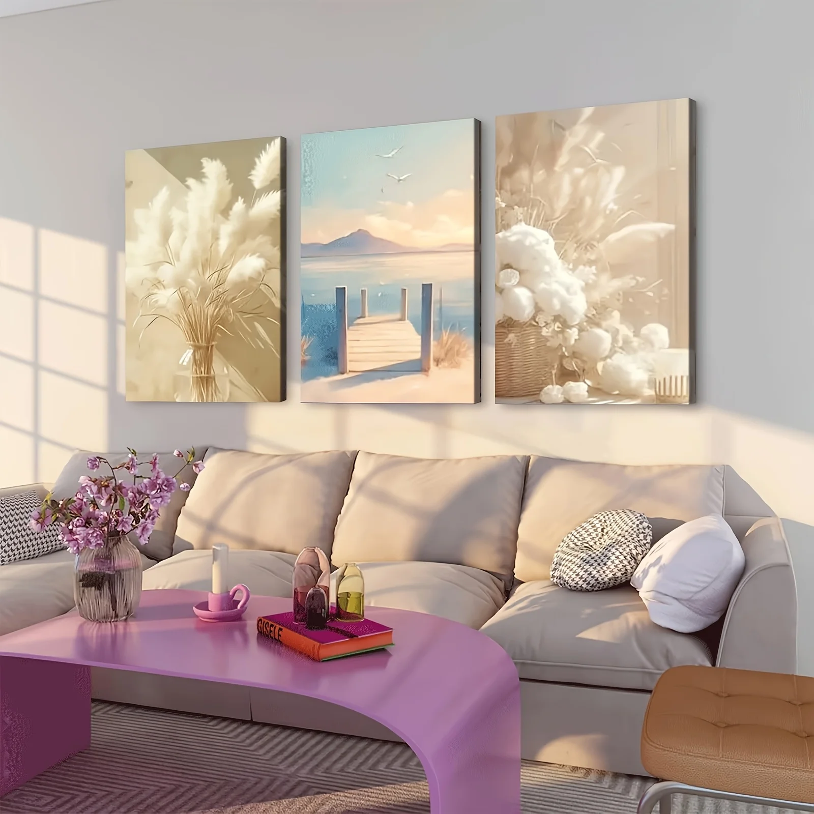 3PCS frameless decorative art print,Canvas Paintings Style Wall Art Decor Canvas Posters Plants Theme Featuring Sunset Reeds Pie