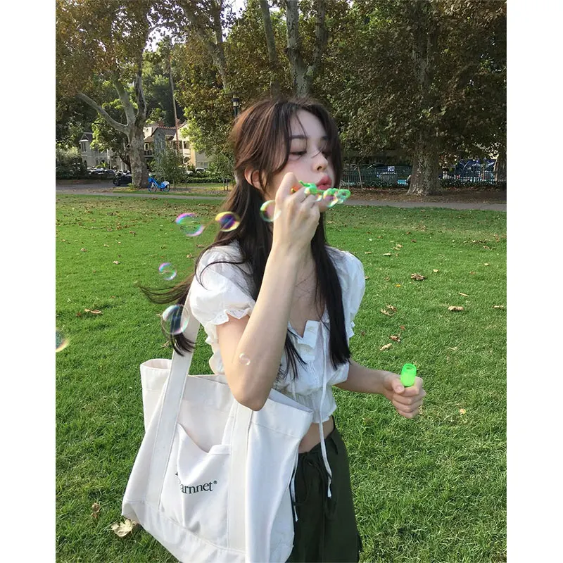 

Sweet Fre Dongdaemun 25 Summer Eight Milk Home Lace Belted Waist ort Sve irt Women's Loose Bubble Sve round Ne ...