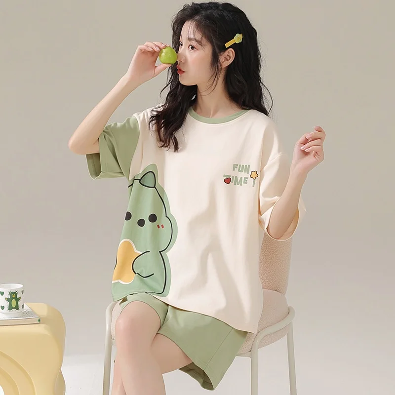 

Women's New Summer Short-Sleeved Pajamas Girls Summer Shorts Cute Cartoon Student Homewear Suit Netroots Explosion Ins Wind