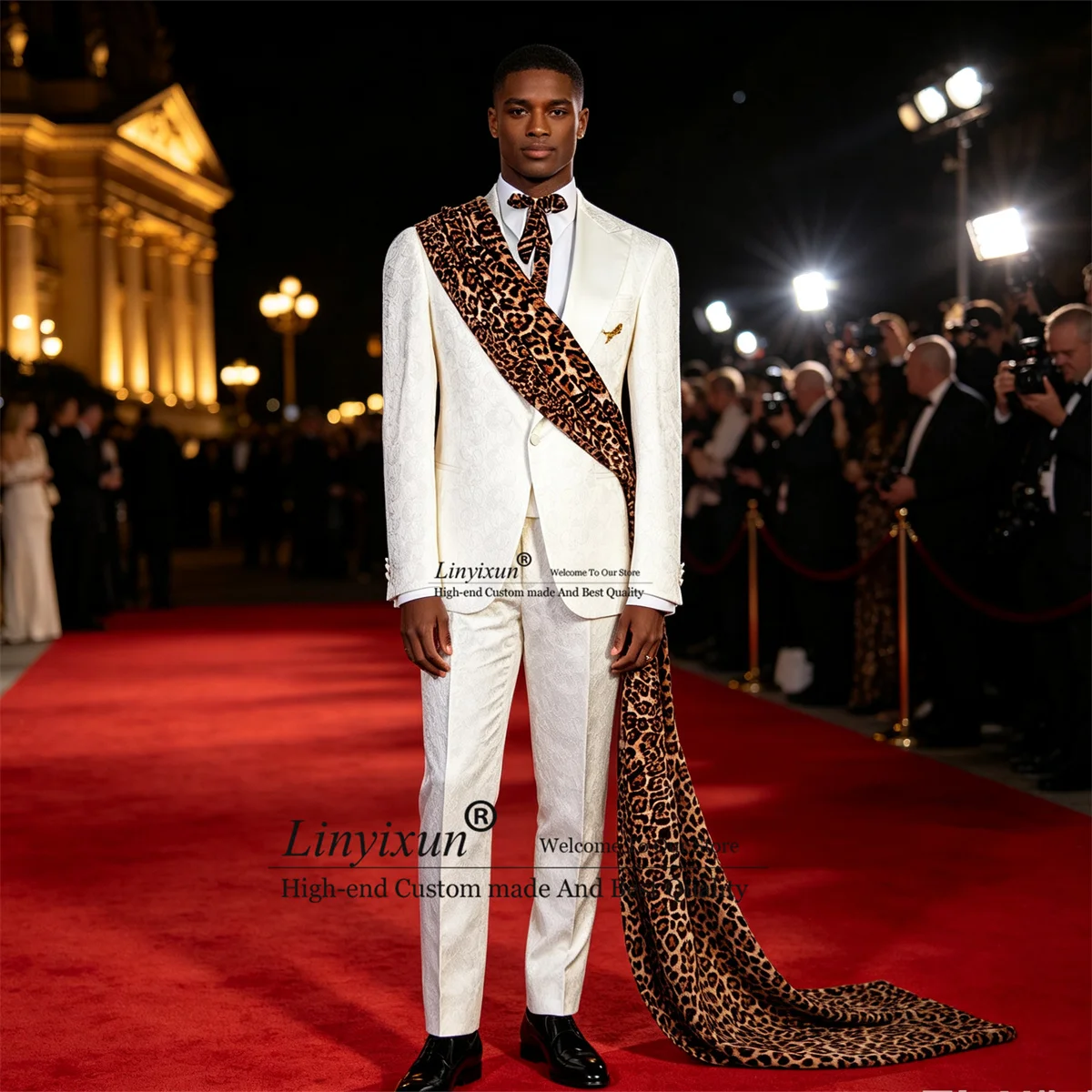 Fahsion Leopard Print Men Suits Customized Wedding Man Tuxedos 2 Pieces Sets Groom Male Party Blazers Slim Jacquard Ropa Hombre