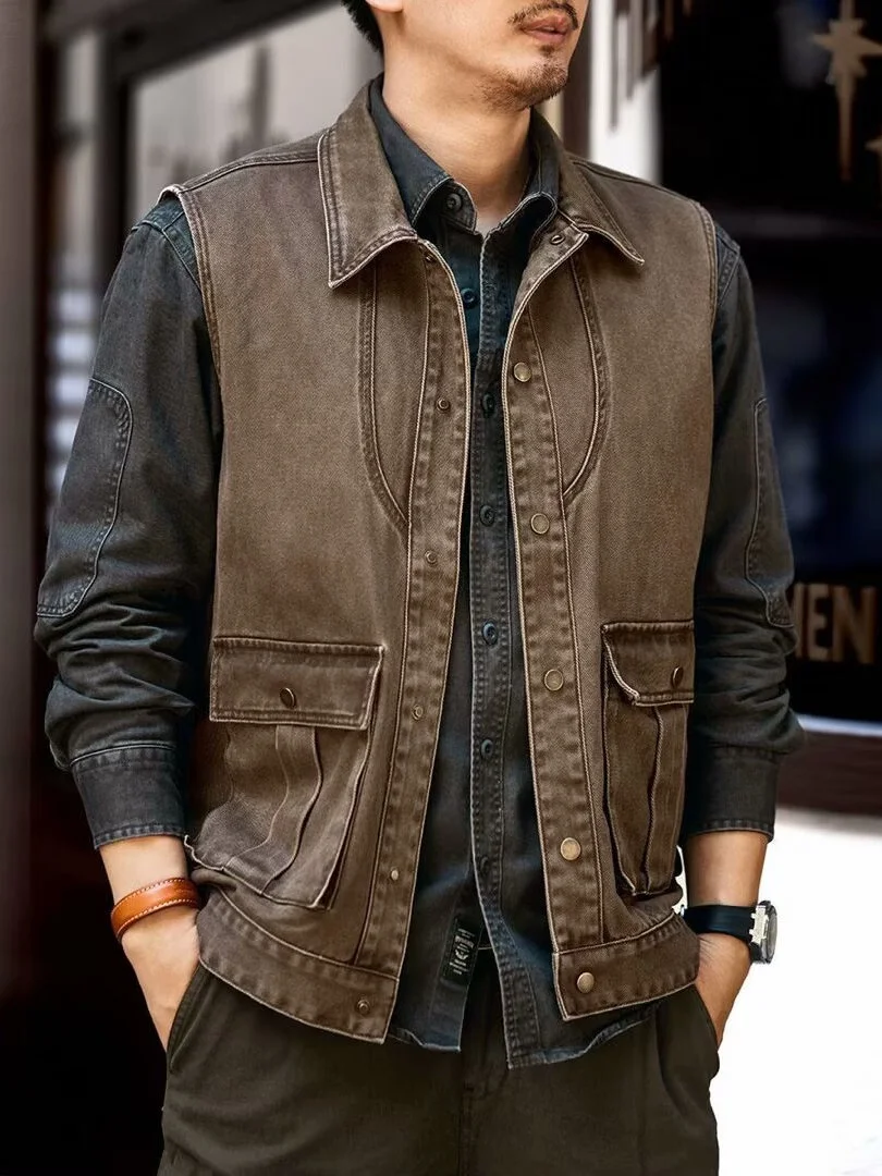 Retro American Workwear Vest Men's Spring New Loose Welding Worker Anti-Scalding No-Sleeve Shoulder Pad Vest Fashion Urban Style