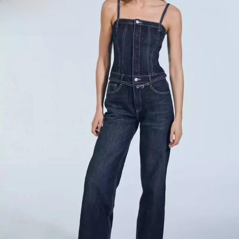 

Comfortable Cotton Denim Overalls Women's Faion Belted Long Strapl New Arrival Autumn 2024 Tagkita Straight Leg Trousers