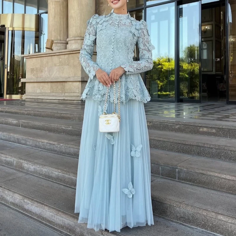 

Однотонные комплекты из двух предметов для женщин, воротник-стойка, топы с вышивкой и длинными рукавами, юбка с высокой талией, элегантный комплект, женский модный стиль