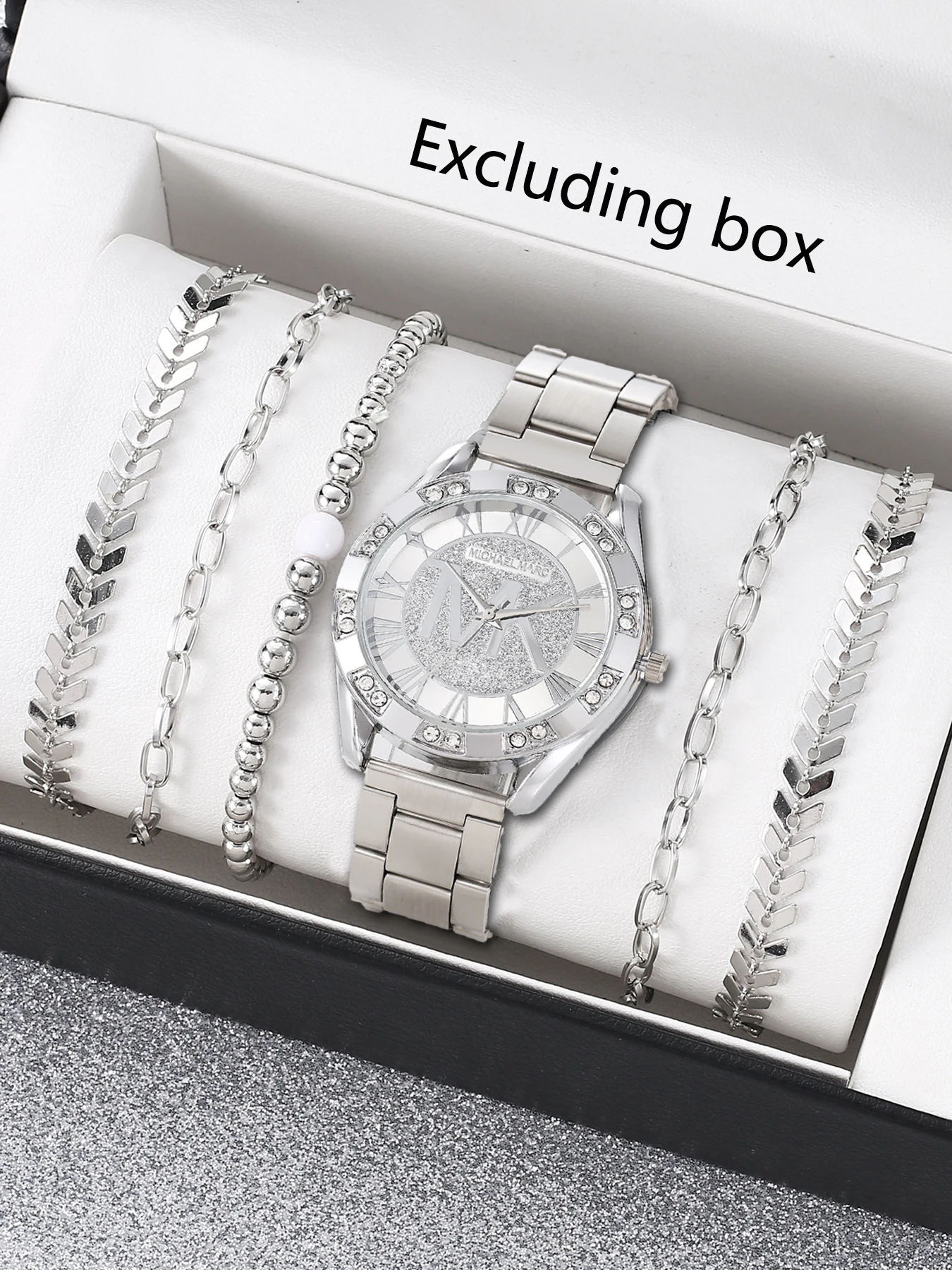 5Pcs Women Quartz Watch Set, Rhinestone Glitter Dial Wrist Watch with Multi Metal Stackable Bracelets, Box Not Included