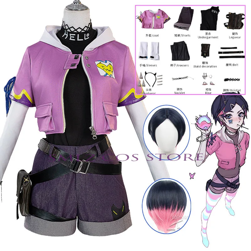 Hochwertige Nelke Cosplay Frauen Nelke Cosplay Perücke Kostüm Lila Jacke Komplettes Set Uniform unsterbliches Outfit für Frau