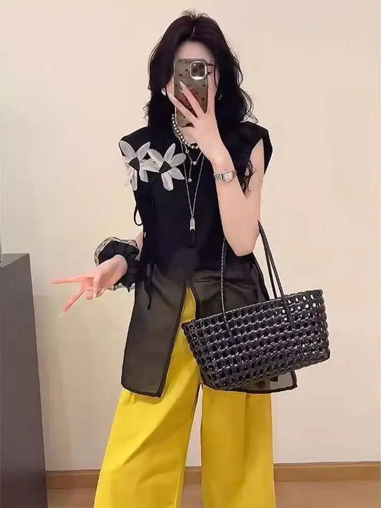 مجموعة الصيف النسائية خمر منتصف طول Svel irt الأزهار سترة أعلى التخسيس تسع قطع السراويل غير المتماثلة تصميم عارضة Ele...