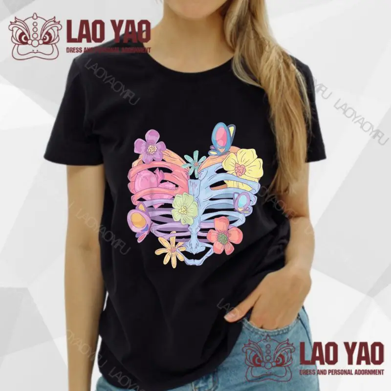 

Fun bone and flower print women's shirts sexy clothing Harajuku short sleeve crew neck T-shirt loose clothing