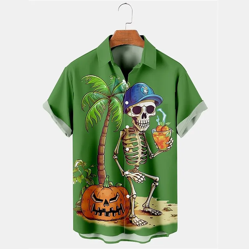 Men's Shirt Skull Coconut Tree Halloween Short Sleeve Print Outfit Fashionable Hawaiian Shirt Design Casual Men's Lapel Top