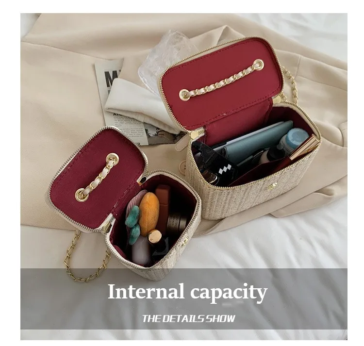 2026 Sommer Mini Stroh-Bucket-Crossbody-Tasche für Damen – Geflochtene Damenhandtaschen und -geldbörsen mit Kette, einfache Umhängetaschen – Detail 7