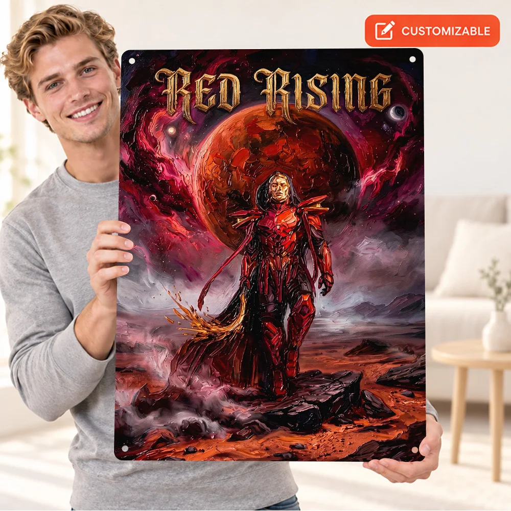Red Rising Crowned Warrior Aluminum Poster Customized Metal Sign Expressive Illustration Wall Art For Library Reading Corner
