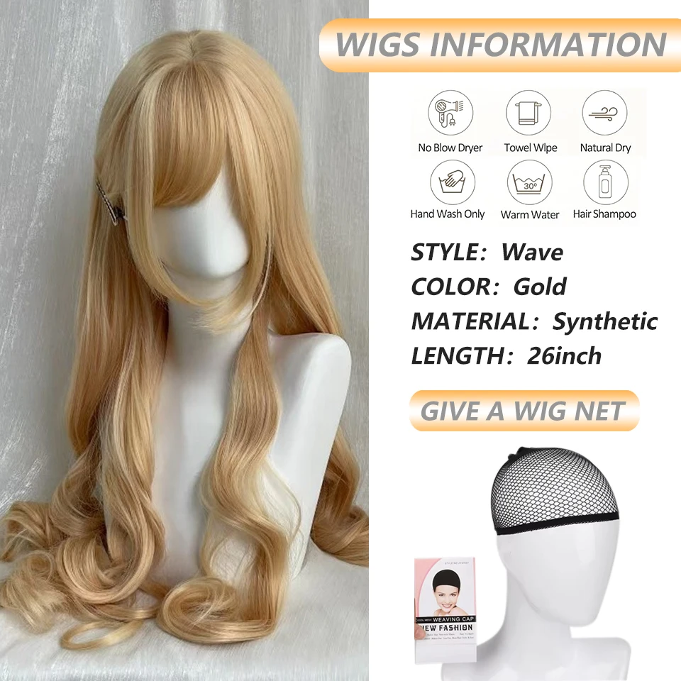 Gold Long Wavy Synthetic Wig with Bangs Heat-resistant Fluffy Natural Wig for Women Daily Cosplay Halloween Party Wigs